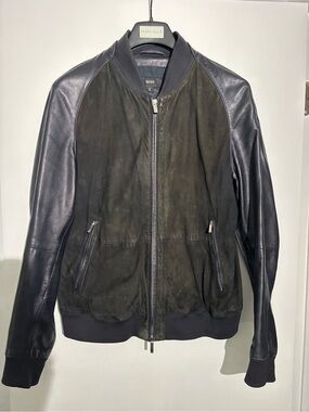 BOSS Black Leather & Dark Olive Suede Bomber Jacket